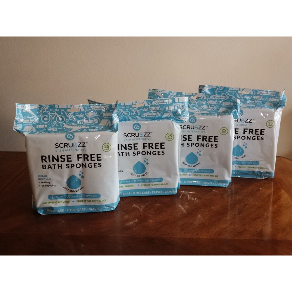 Scrubzz Disposable Rinse Free Bathing Wipes- All-in-1 Single Use-4 X 25=100
